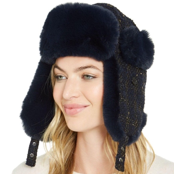 (NWT) INC International Concepts Navy Woven Shine Faux Fur Trapper OSFM - Picture 1 of 10